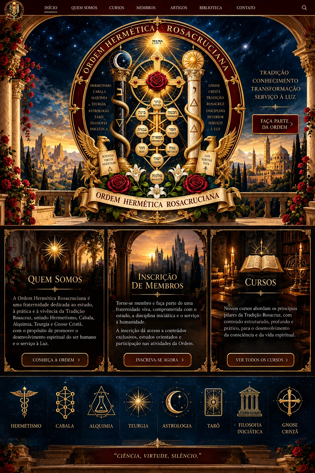 Arte original do site da Ordem Hermética Rosacruciana, com emblema rosacruz, painéis de apresentação, membros e cursos.